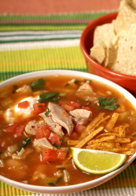 A bowl of chicken tortilla soup