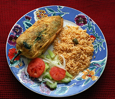 Chiles Rellenos on a Blue Plate, Mexican food, San Miguel de Allende