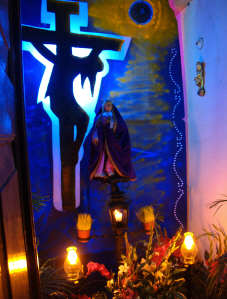 A creative, backlit home altar for the Virgen de Sorrows, Holy week, San Miguel de Allende, Mexico