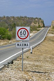 Speed limit sign on a Mexican highway, traveling to San Miguel de Allende